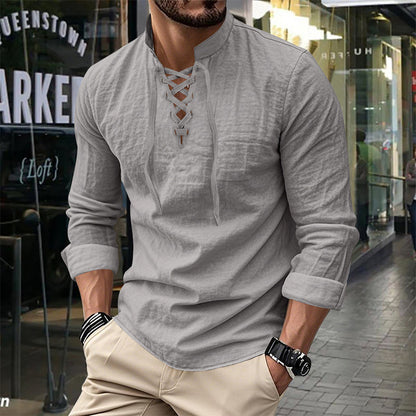 👔 LIMITED-TIME 50% OFF! ✨ Men's Casual Solid Color Shirt – Stand Collar, Lace-Up Detail, Breathable Cotton 🍂
