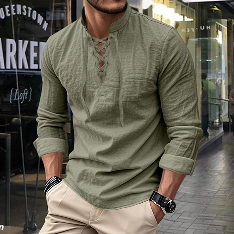 👔 LIMITED-TIME 50% OFF! ✨ Men's Casual Solid Color Shirt – Stand Collar, Lace-Up Detail, Breathable Cotton 🍂