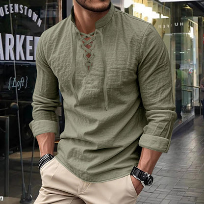 👔 LIMITED-TIME 50% OFF! ✨ Men's Casual Solid Color Shirt – Stand Collar, Lace-Up Detail, Breathable Cotton 🍂