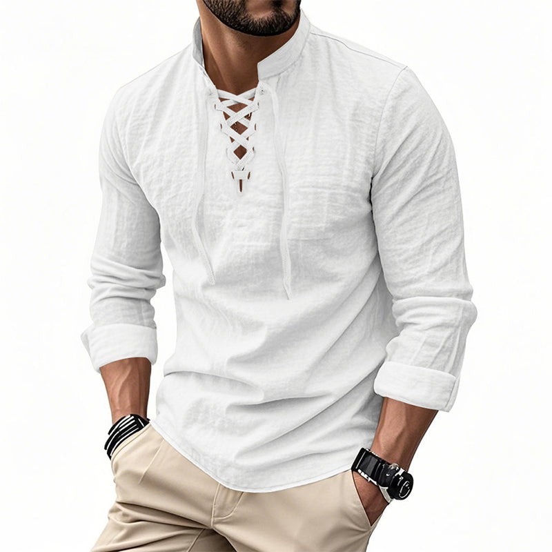 👔 LIMITED-TIME 50% OFF! ✨ Men's Casual Solid Color Shirt – Stand Collar, Lace-Up Detail, Breathable Cotton 🍂
