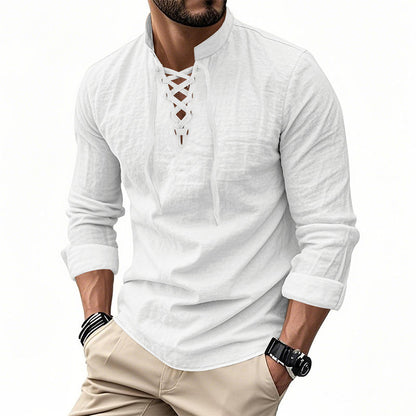 👔 LIMITED-TIME 50% OFF! ✨ Men's Casual Solid Color Shirt – Stand Collar, Lace-Up Detail, Breathable Cotton 🍂