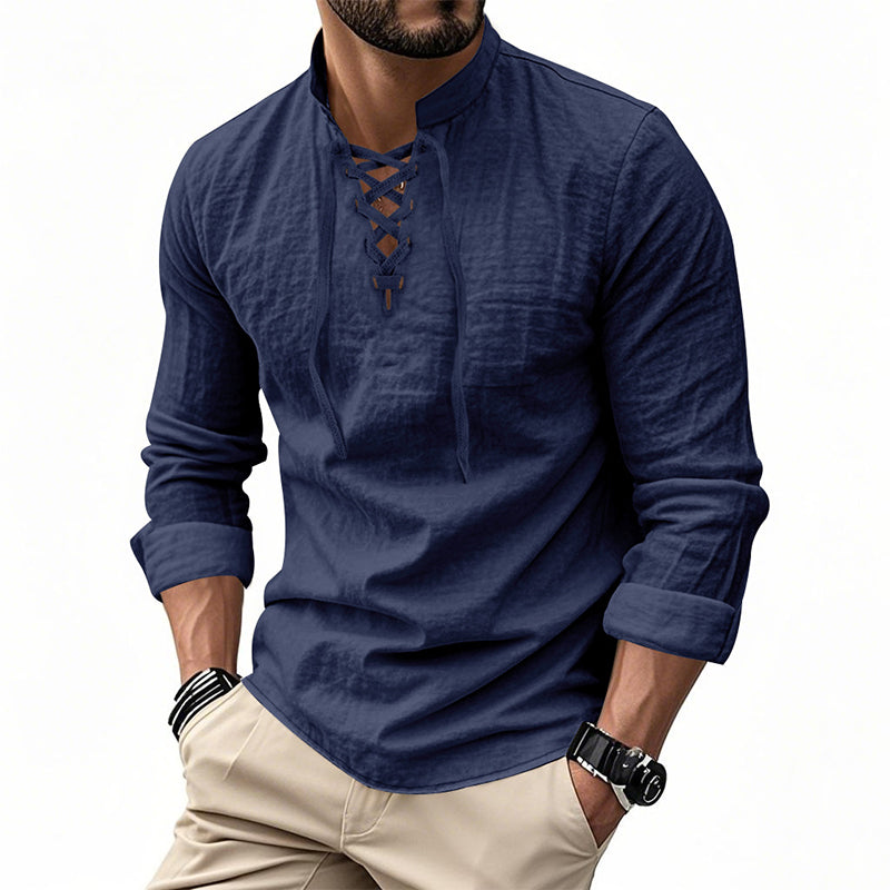 👔 LIMITED-TIME 50% OFF! ✨ Men's Casual Solid Color Shirt – Stand Collar, Lace-Up Detail, Breathable Cotton 🍂