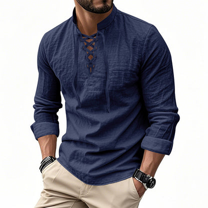 👔 LIMITED-TIME 50% OFF! ✨ Men's Casual Solid Color Shirt – Stand Collar, Lace-Up Detail, Breathable Cotton 🍂