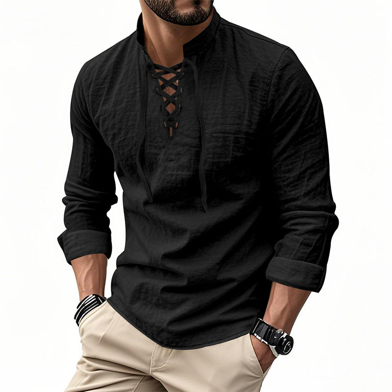👔 LIMITED-TIME 50% OFF! ✨ Men's Casual Solid Color Shirt – Stand Collar, Lace-Up Detail, Breathable Cotton 🍂