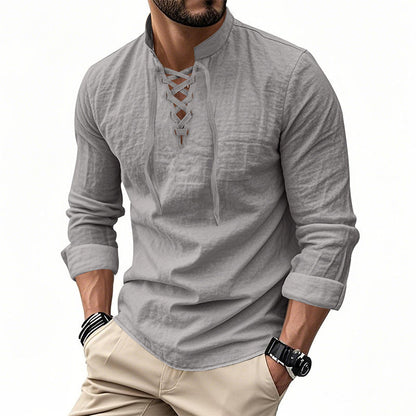 👔 LIMITED-TIME 50% OFF! ✨ Men's Casual Solid Color Shirt – Stand Collar, Lace-Up Detail, Breathable Cotton 🍂