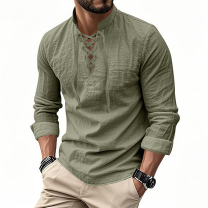 👔 LIMITED-TIME 50% OFF! ✨ Men's Casual Solid Color Shirt – Stand Collar, Lace-Up Detail, Breathable Cotton 🍂
