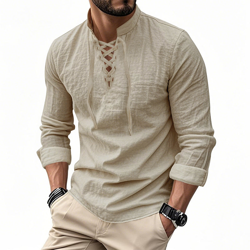 👔 LIMITED-TIME 50% OFF! ✨ Men's Casual Solid Color Shirt – Stand Collar, Lace-Up Detail, Breathable Cotton 🍂