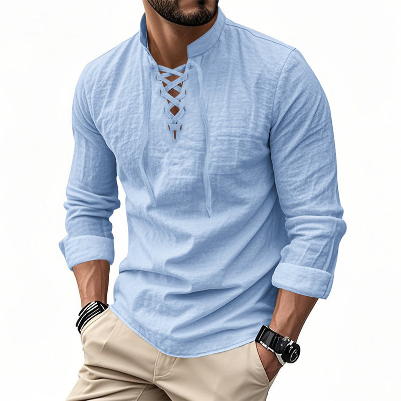 👔 LIMITED-TIME 50% OFF! ✨ Men's Casual Solid Color Shirt – Stand Collar, Lace-Up Detail, Breathable Cotton 🍂