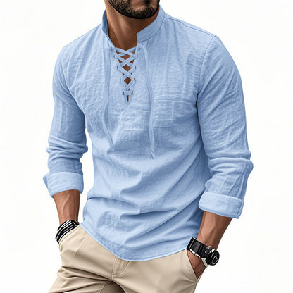 👔 LIMITED-TIME 50% OFF! ✨ Men's Casual Solid Color Shirt – Stand Collar, Lace-Up Detail, Breathable Cotton 🍂