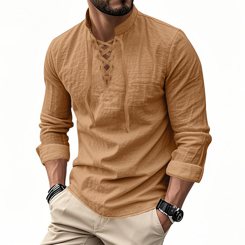👔 LIMITED-TIME 50% OFF! ✨ Men's Casual Solid Color Shirt – Stand Collar, Lace-Up Detail, Breathable Cotton 🍂