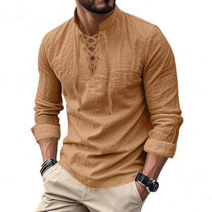 👔 LIMITED-TIME 50% OFF! ✨ Men's Casual Solid Color Shirt – Stand Collar, Lace-Up Detail, Breathable Cotton 🍂