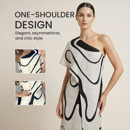 👗 50% OFF NOW! 🎨 Women's Abstract Print One-Shoulder Maxi Dress – Striking Elegance, Soft Fabric & Perfect for Summer Evenings 💃