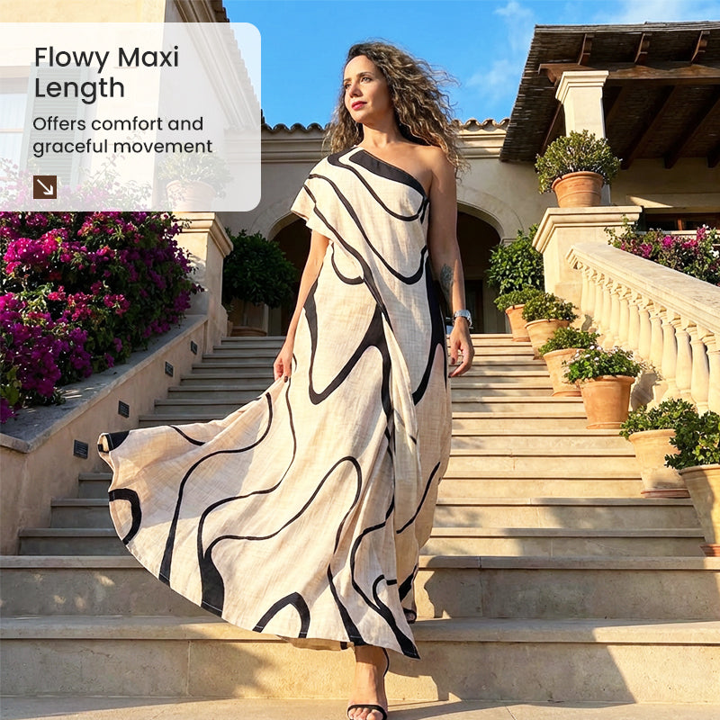 👗 50% OFF NOW! 🎨 Women's Abstract Print One-Shoulder Maxi Dress – Striking Elegance, Soft Fabric & Perfect for Summer Evenings 💃