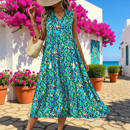 🔥2026 Newest Models-Women's Sleeveless Abstract Print Tiered Midi Dress