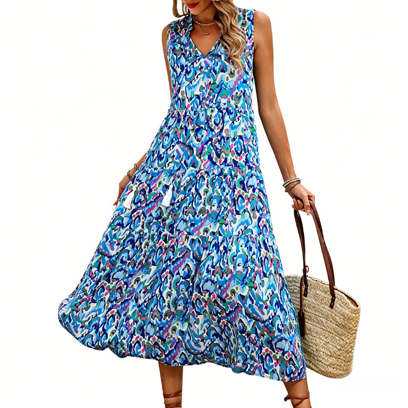 🔥2026 Newest Models-Women's Sleeveless Abstract Print Tiered Midi Dress
