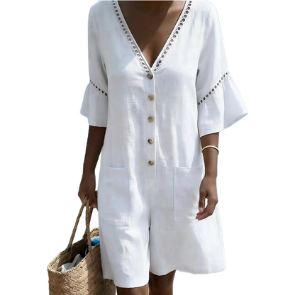 Women's Summer V-Neck Jumpsuit with Bell Sleeves