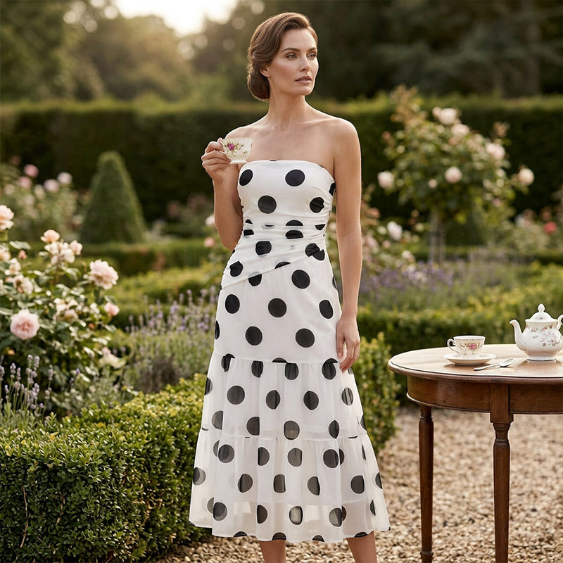 Elegant Strapless Polka Dot Tiered Dress