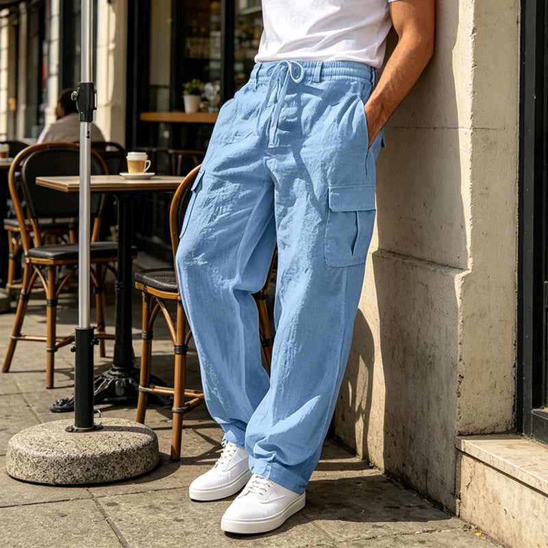 👖 DESCONTO DE 50% POR TEMPO LIMITADO! ✨ Calças cargo de algodão e linho para homem com cordão na cintura – respiráveis, corte descontraído, vários bolsos 🏔️
