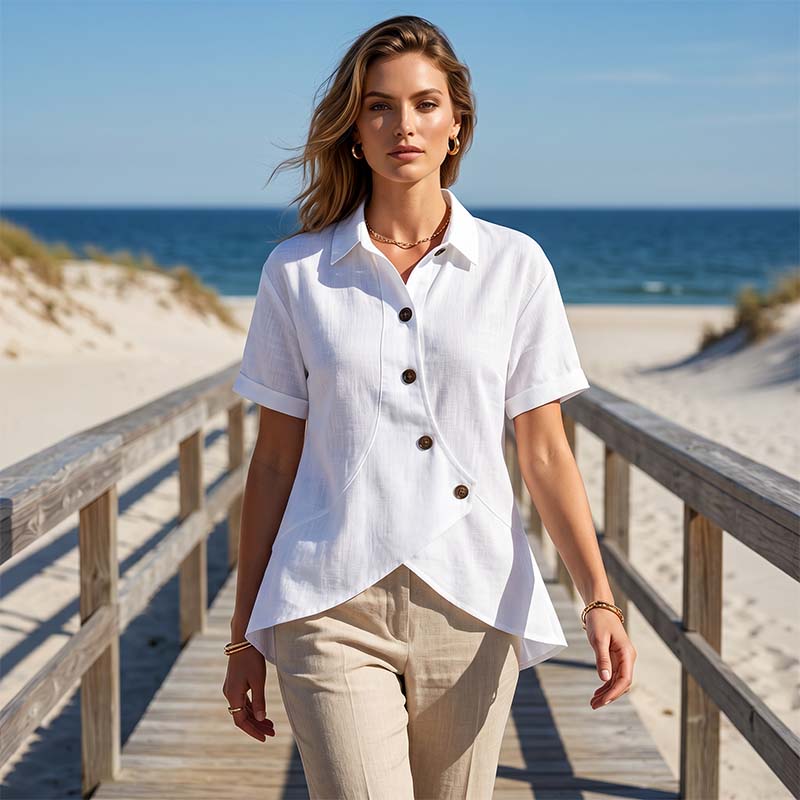 Women's Asymmetrical Button-Up Short Sleeve Shirt