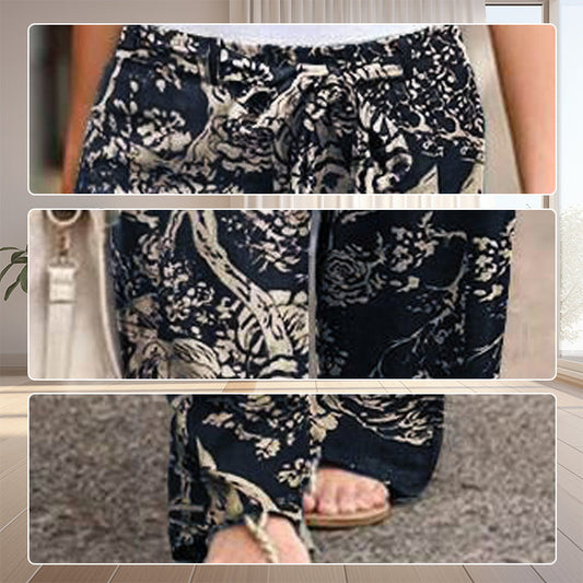 Pantalon pour femme à taille élastique en coton et lin, avec imprimé