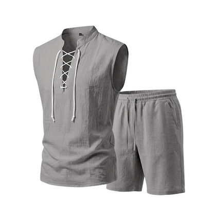 🌴 50% OFF NOW!👕 Men's Linen Sleeveless Set – Top & Shorts with Lace-Up Design – Summer Essential 🌊