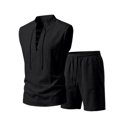 🌴 50% OFF NOW!👕 Men's Linen Sleeveless Set – Top & Shorts with Lace-Up Design – Summer Essential 🌊