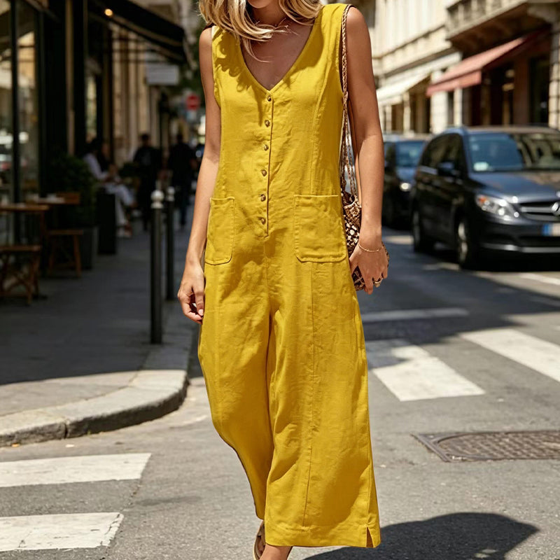 🌸Limited-time offer-Women's Sleeveless V-Neck Button-Front Jumpsuit