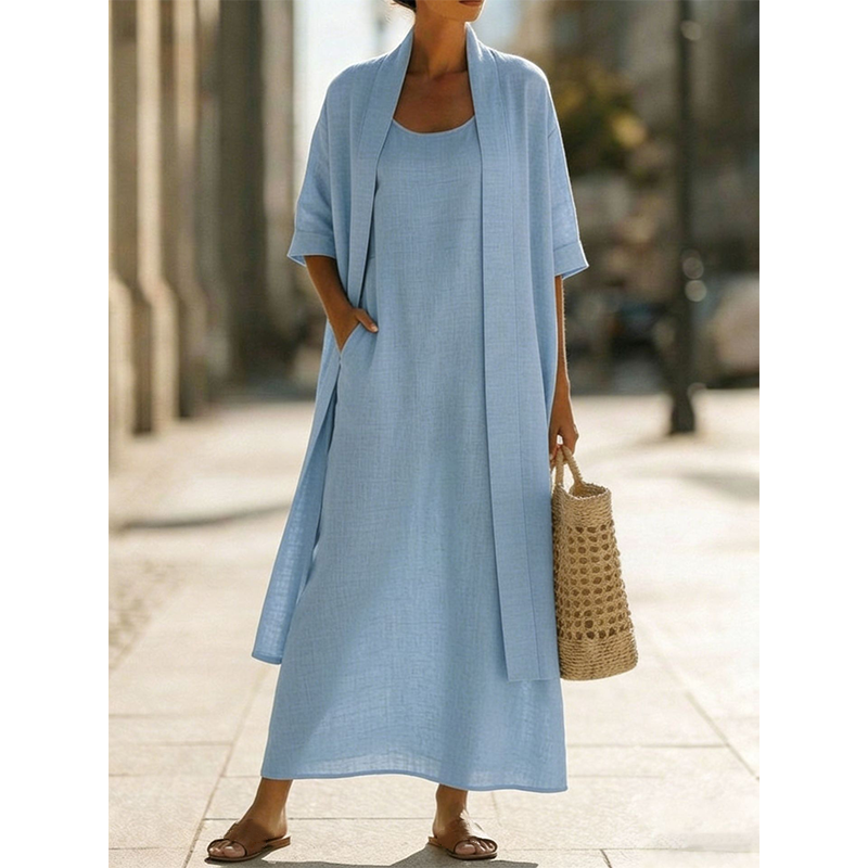 👗✨ Conjunto feminino de vestido maxi com cardigan leve que combina elegância e conforto diário