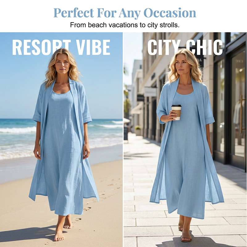 👗✨ Conjunto feminino de vestido maxi com cardigan leve que combina elegância e conforto diário