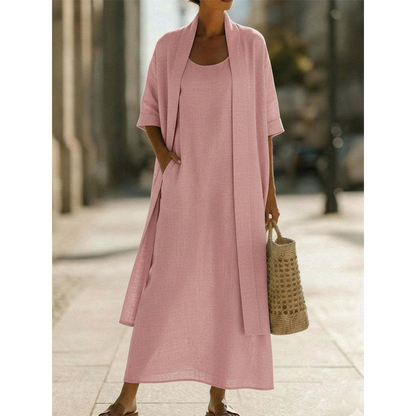 👗✨ Conjunto feminino de vestido maxi com cardigan leve que combina elegância e conforto diário
