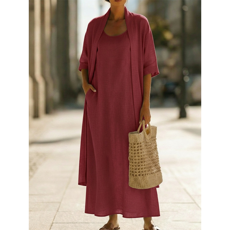 👗✨ Conjunto feminino de vestido maxi com cardigan leve que combina elegância e conforto diário