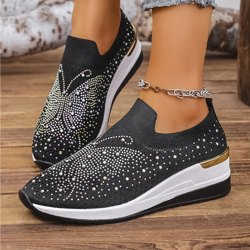 👟✨ Tênis slip-on feminino com strass brilhante e sola plataforma confortável