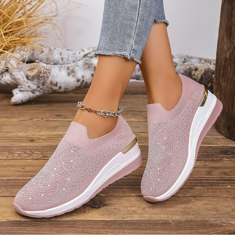 👟✨ Tênis slip-on feminino com strass brilhante e sola plataforma confortável