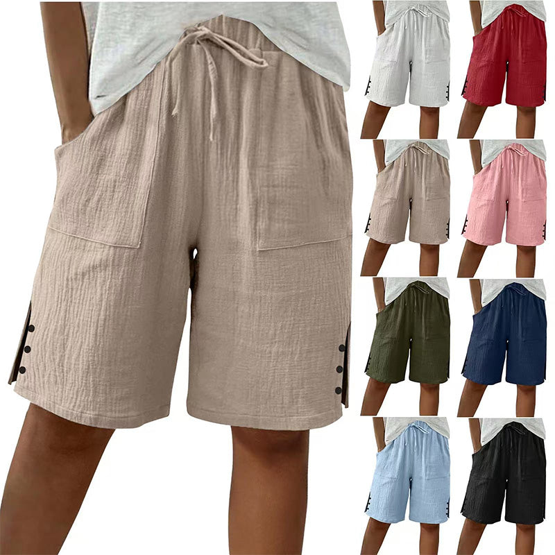 🩳✨ Shorts feminino de verão com cintura ajustável e detalhe elegante de botões laterais