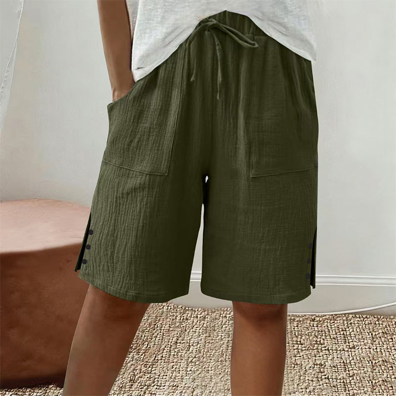 🩳✨ Shorts feminino de verão com cintura ajustável e detalhe elegante de botões laterais