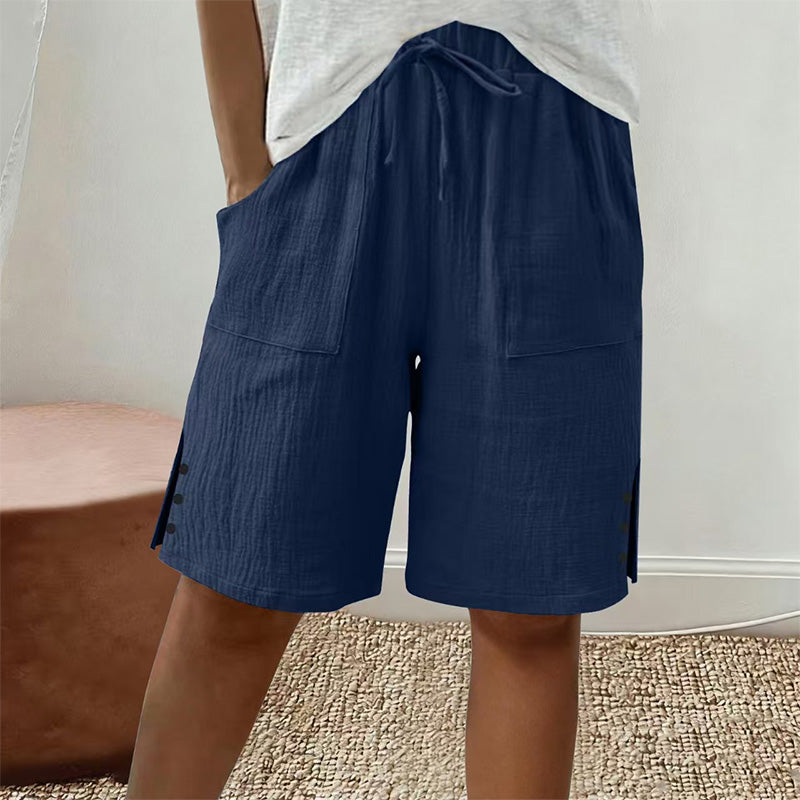 🩳✨ Shorts feminino de verão com cintura ajustável e detalhe elegante de botões laterais