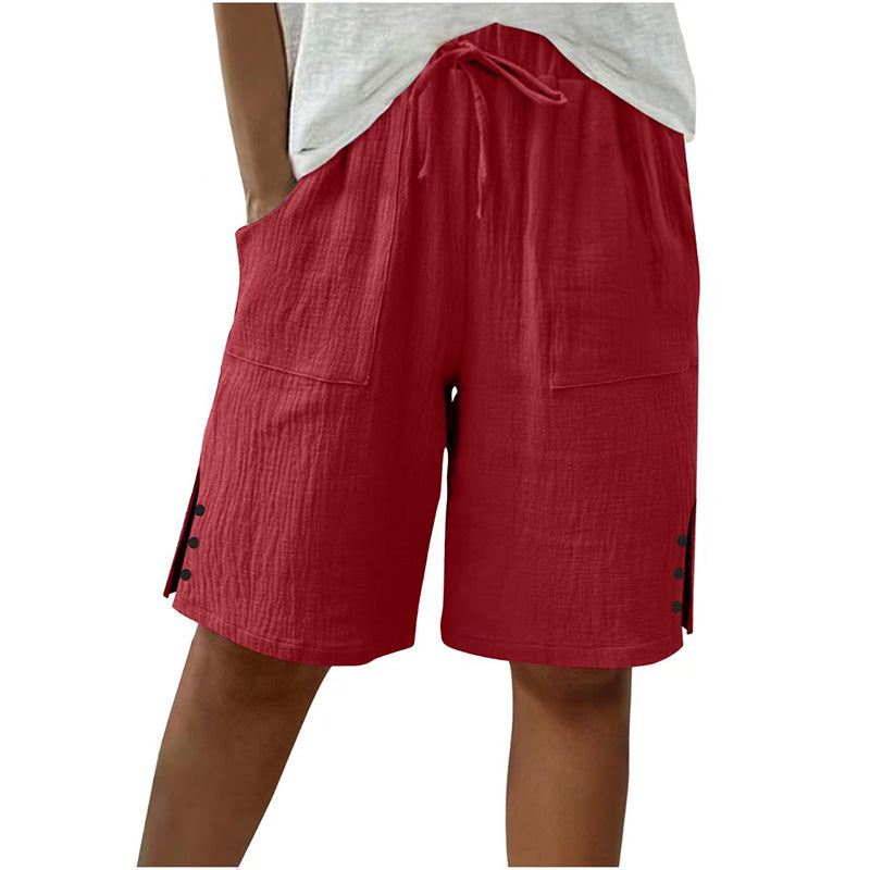 🩳✨ Shorts feminino de verão com cintura ajustável e detalhe elegante de botões laterais