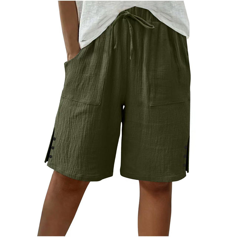 🩳✨ Shorts feminino de verão com cintura ajustável e detalhe elegante de botões laterais