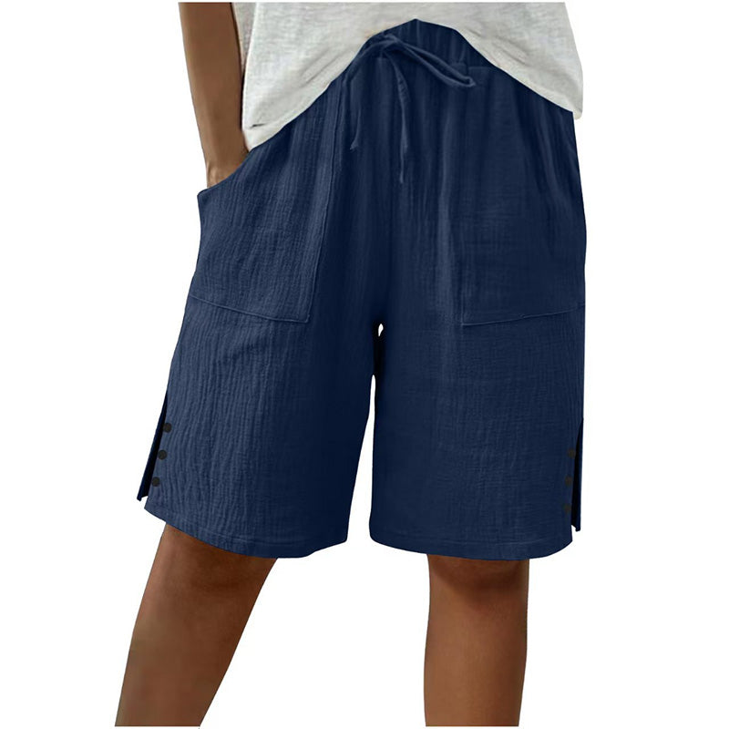 🩳✨ Shorts feminino de verão com cintura ajustável e detalhe elegante de botões laterais