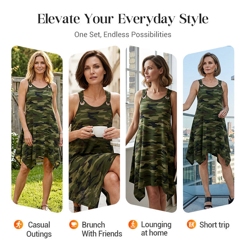 👗✨ שמלת הסוואה ללא שרוולים – שוליים אסימטריים, סגנון נועז, ייחודי