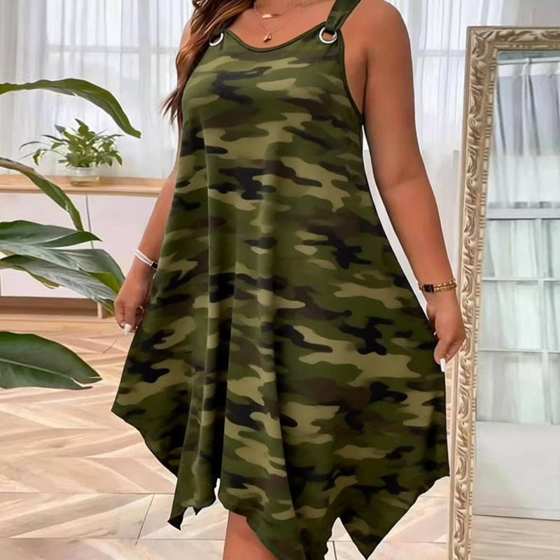 👗✨ שמלת הסוואה ללא שרוולים – שוליים אסימטריים, סגנון נועז, ייחודי
