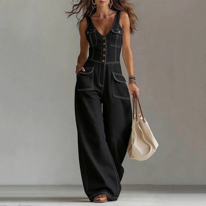 👗✨ Macacão feminino jeans com botões e pernas largas – elegante e confortável