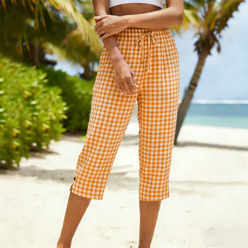 👖✨ Calça capri feminina xadrez com cintura ajustável leve e confortável para o verão