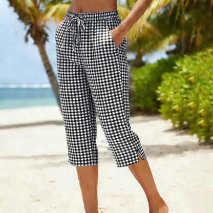 👖✨ Calça capri feminina xadrez com cintura ajustável leve e confortável para o verão