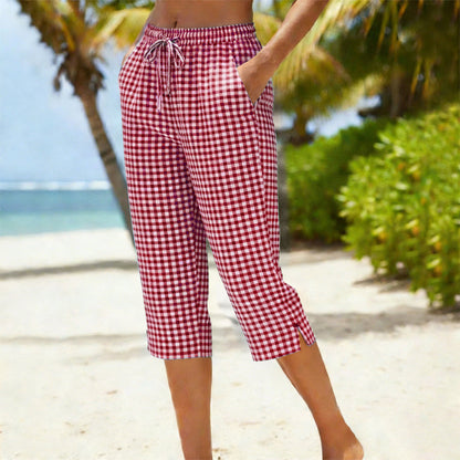 👖✨ Calça capri feminina xadrez com cintura ajustável leve e confortável para o verão