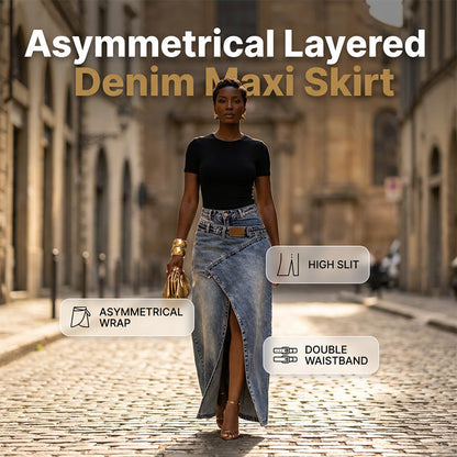 ✨👗 Saia maxi jeans assimétrica com fenda – estilo moderno e elegante