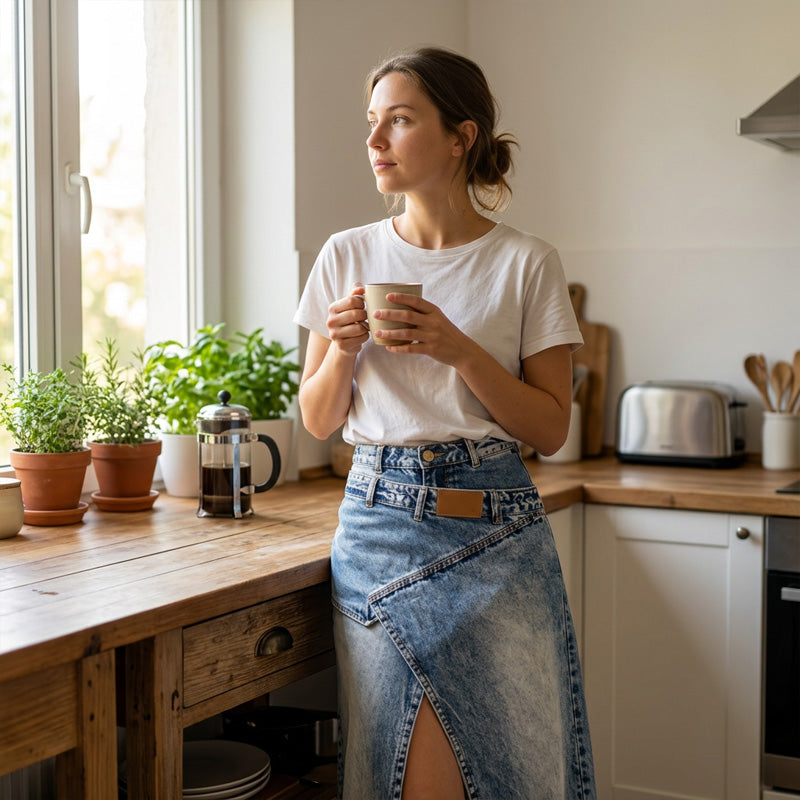 ✨👗 Saia maxi jeans assimétrica com fenda – estilo moderno e elegante
