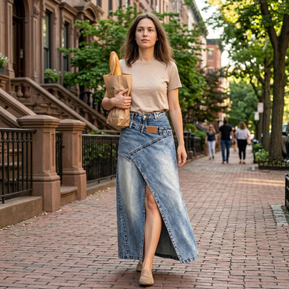 ✨👗 Saia maxi jeans assimétrica com fenda – estilo moderno e elegante