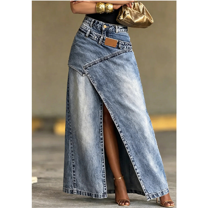 ✨👗 Saia maxi jeans assimétrica com fenda – estilo moderno e elegante