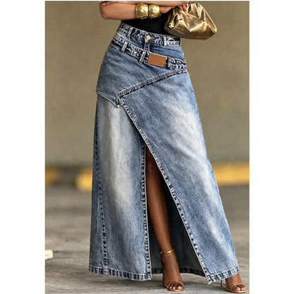 ✨👗 Saia maxi jeans assimétrica com fenda – estilo moderno e elegante